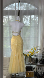 Pretty Yellow Sequin Halter Neck Backless Mermaid Prom Dresses