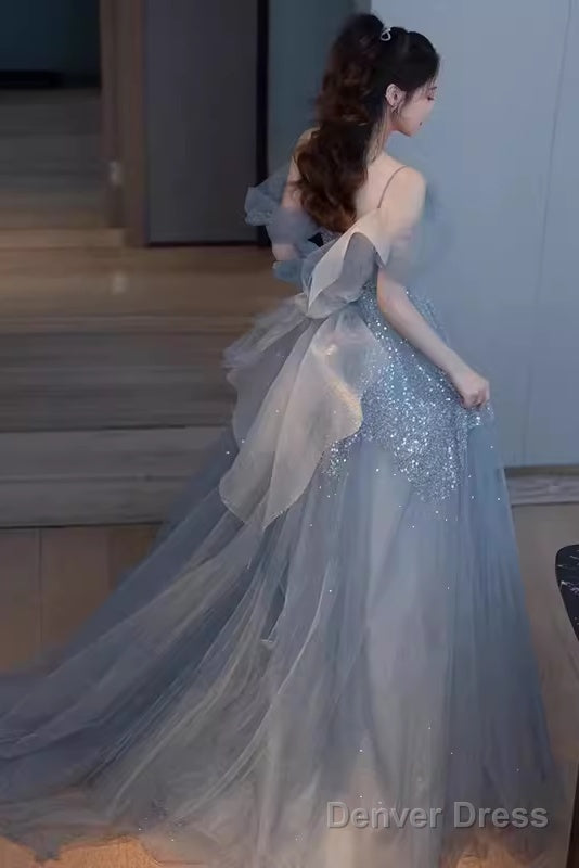 Princess A Line Blue Sequin Long Prom Dresses