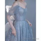 Princess A Line Blue Sequin Long Prom Dresses
