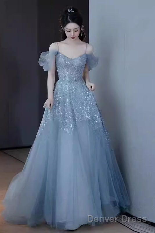 Princess A Line Blue Sequin Long Prom Dresses Main image