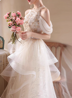 Princess A-Line Halter Neck Sequin Embroidered Tiered Tulle Long Prom Dresses Evening Dresses