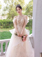 Princess A-Line Halter Neck Sequin Embroidered Tiered Tulle Long Prom Dresses Evening Dresses