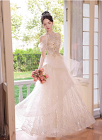 Princess A-Line Halter Neck Sequin Embroidered Tiered Tulle Long Prom Dresses Evening Dresses