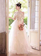 Princess A-Line Halter Neck Sequin Embroidered Tiered Tulle Long Prom Dresses Evening Dresses