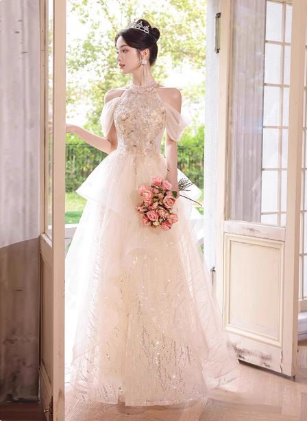Princess A-Line Halter Neck Sequin Embroidered Tiered Tulle Long Prom Dresses Evening Dresses