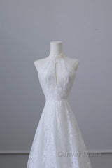 Princess A Line High Neckline White Lace Long Wedding Dresses Brides Dresses