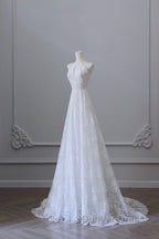 Princess A Line High Neckline White Lace Long Wedding Dresses Brides Dresses