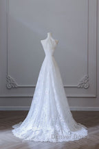 Princess A Line High Neckline White Lace Long Wedding Dresses Brides Dresses