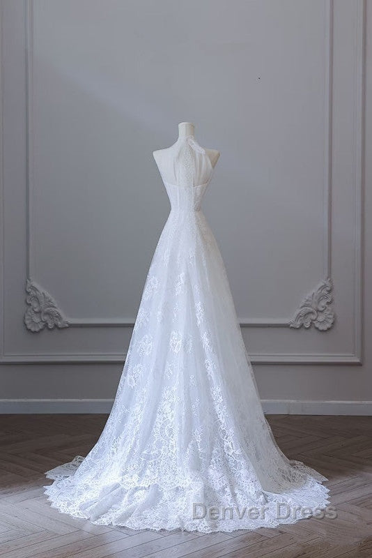 Princess A Line High Neckline White Lace Long Wedding Dresses Brides Dresses