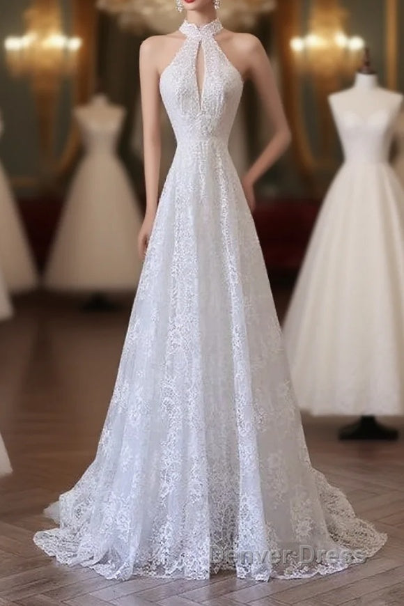 Princess A Line High Neckline White Lace Long Wedding Dresses Brides Dresses Main image