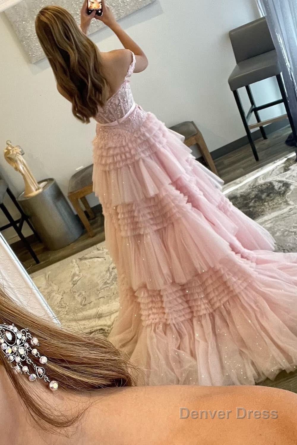 Princess A Line Off the Shoulder Light Pink Long Prom Dress with Ruffles Secondary image