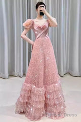 Princess A Line Pink Short Sleeves Sequin Long Prom Dresses