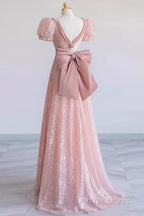 Princess A Line Pink Short Sleeves Sequin Long Prom Dresses