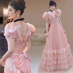 Princess A Line Pink Short Sleeves Sequin Long Prom Dresses