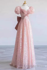 Princess A Line Pink Short Sleeves Sequin Long Prom Dresses
