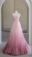 Princess A Line Pink Tulle Prom Dresses Long Evening Dress