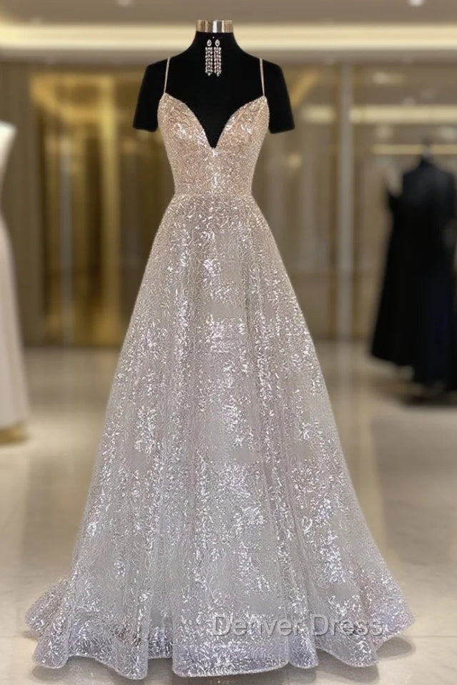Princess A Line Sweetheart Sleeveless Sweep Train Metallic Yarn Prom Dresses Main image