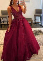 Princess A Line V Neck Sleeveless Sweep Train Tulle Prom Dresses With Appliqued Beading