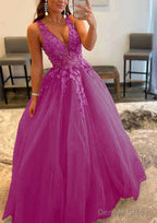 Princess A-line V Neck Sleeveless Sweep Train Tulle Prom Dresses With Appliqued Beading