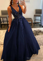 Princess A Line V Neck Sleeveless Sweep Train Tulle Prom Dresses With Appliqued Beading