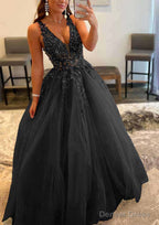 Princess A-line V Neck Sleeveless Sweep Train Tulle Prom Dresses With Appliqued Beading