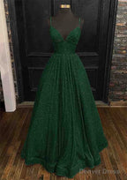 Princess A-line V Neck Spaghetti Straps Long/Floor-Length Sequined Prom Dresses With Pleated