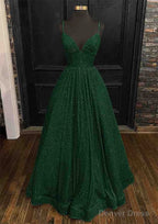 Princess A Line V Neck Spaghetti Straps Long Floor Length Sequined Prom Dresses With Pleated