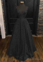 Princess A Line V Neck Spaghetti Straps Long Floor Length Sequined Prom Dresses With Pleated