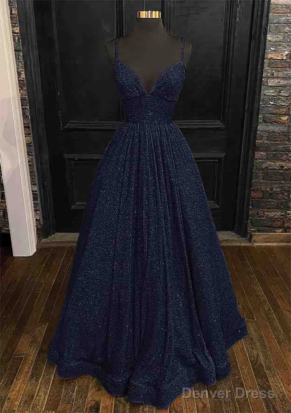 Princess A Line V Neck Spaghetti Straps Long Floor Length Sequined Prom Dresses With Pleated