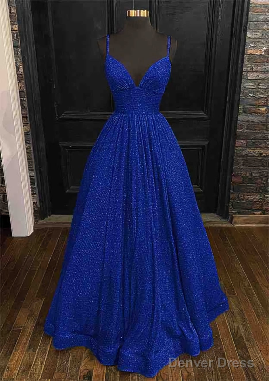 Princess A-line V Neck Spaghetti Straps Long/Floor-Length Sequined Prom Dresses With Pleated