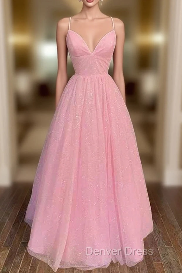 Princess A-line V Neck Spaghetti Straps Long/Floor-Length Tulle Glitter Prom Dresses Main image