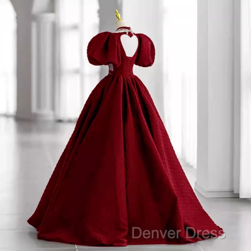 Princess Ball Gown Red Lace Long Prom Dresses