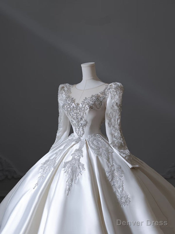 Princess Ball Gowns Scoop Neckline Long Sleeves Pleats Beads White Satin Wedding Dresses Secondary image