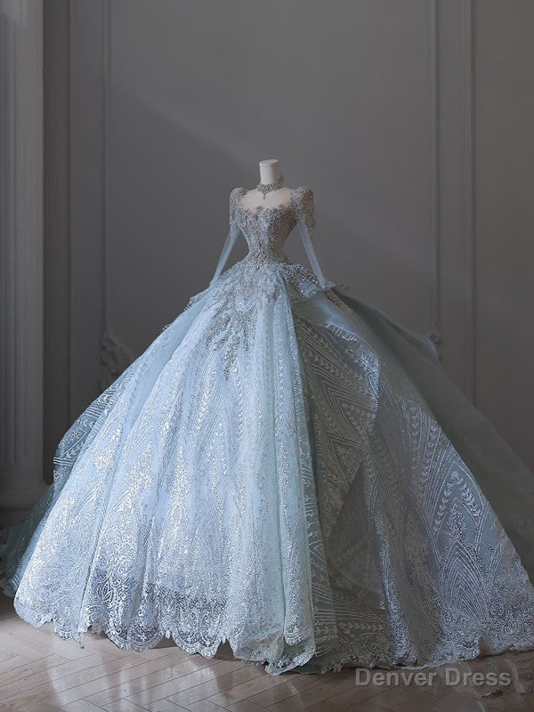 Princess Ball Gowns Scoop Neckline Long Sleeves Sequin Light Sky Blue Long Wedding Dress Brides Dresses Secondary image