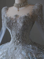 Princess Ball Gown Scoop Neckline Long Sleeves Sequin Light Sky Blue Long Wedding Dresses Brides Dress