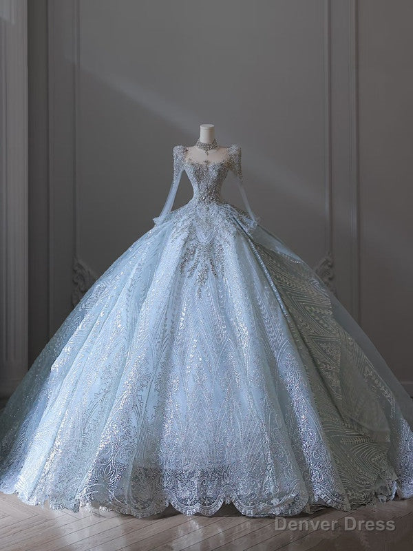 Princess Ball Gowns Scoop Neckline Long Sleeves Sequin Light Sky Blue Long Wedding Dress Brides Dresses Main image