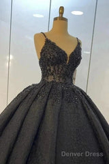 Princess Ball Gown Spaghetti Straps Beaded Black Wedding Dresses
