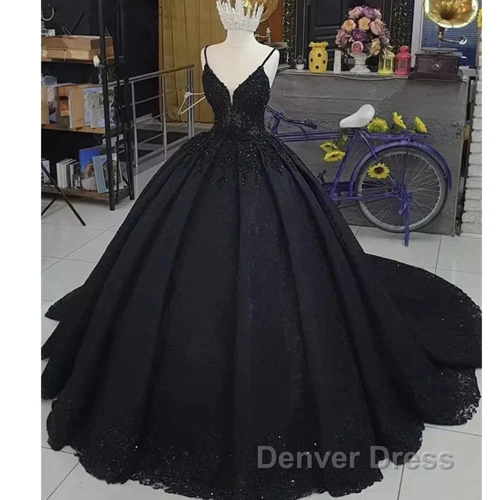Princess Ball Gowns Spaghetti Straps Beaded Black Wedding Dresses