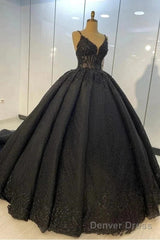 Princess Ball Gown Spaghetti Straps Beaded Black Wedding Dresses