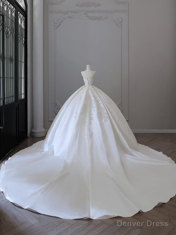 Princess Ball Gown Strapless Sleeveless Pleats White Satin Lace Wedding Dress Bridal Dresses Secondary image