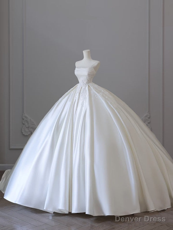 Princess Ball Gowns Strapless Sleeveless Pleats White Satin Lace Wedding Dress Bridal Dresses Main image