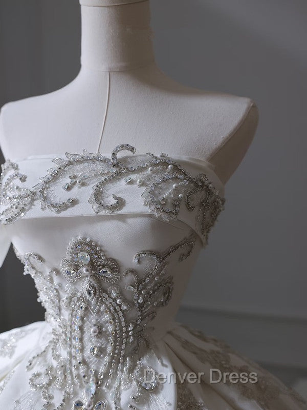 Princess Ball Gown Strapless Sleeveless Pleats White Satin Wedding Dresses