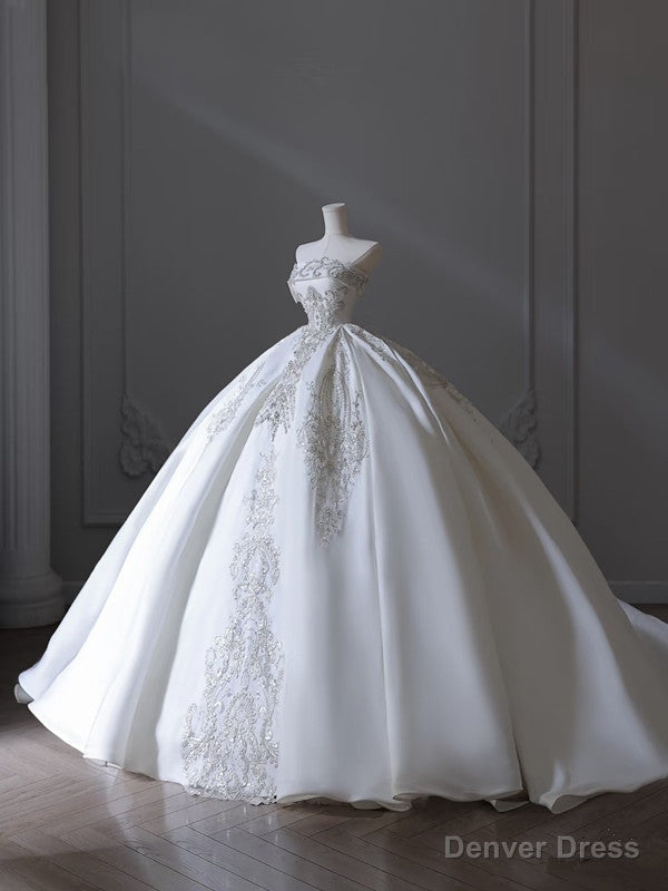 Princess Ball Gowns Strapless Sleeveless Pleats White Satin Wedding Dress Bridal Dresses Main image