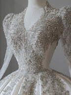 Princess Ball Gown V Neckline Long Sleeves Pleats Beads White Satin Wedding Dresses