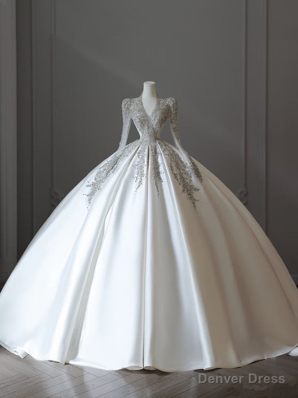 Princess Ball Gowns V Neckline Long Sleeves Pleats Beads White Satin Wedding Dresses Main image