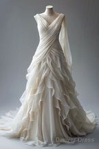 Princess Ball Gown V Neckline Pleats White Chiffon Wedding Dresses