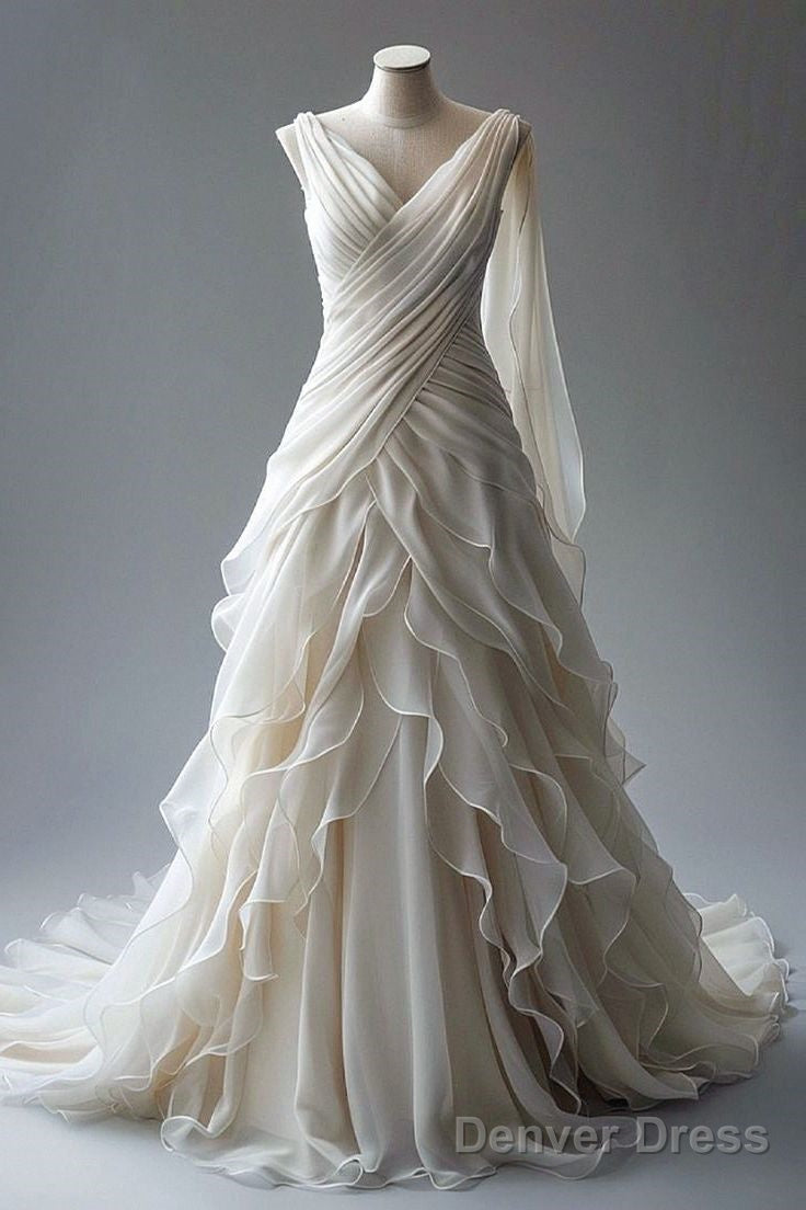 Princess Ball Gowns V Neckline Pleats White Chiffon Wedding Dresses Main image
