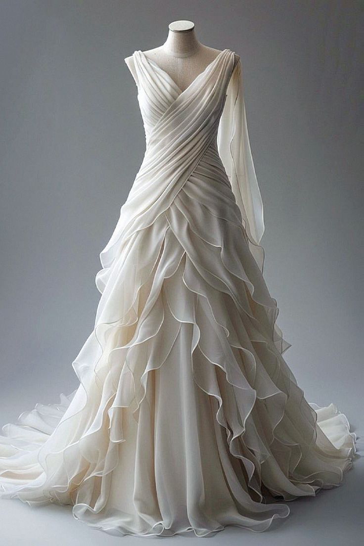 Princess Ball Gowns V Neckline Pleats White Chiffon Wedding Dresses Main image
