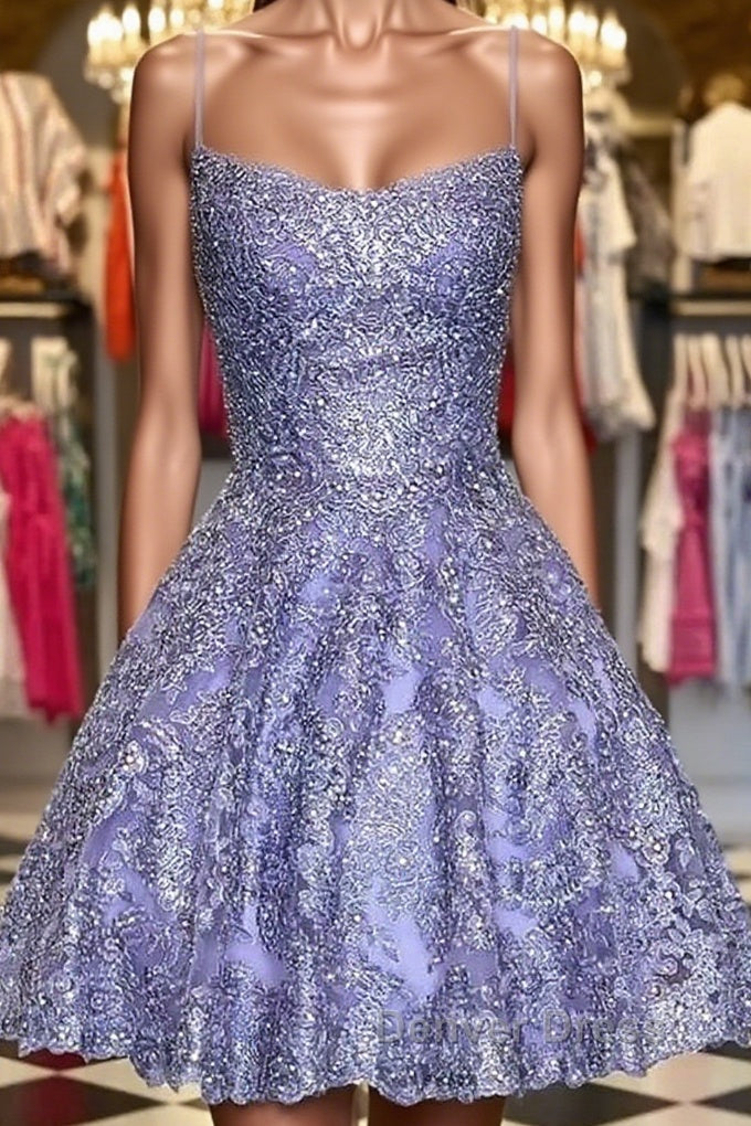 Princess Beaded Purple Lace Prom Dresses, Short Purple Lace Homecoming Dresses, Purple Formal Evening Dresses Main image