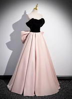 Princess Black & Pink Panel A-Line Off-The-Shoulder Bow Velvet Satin Long Prom Dresses Evening Dresses